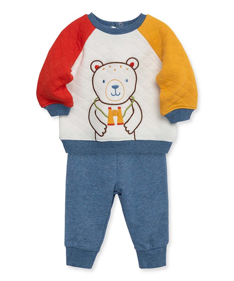 Little Me Gray Multicolor Color Block Bear Quilted Sweatshirt & Blue Pants