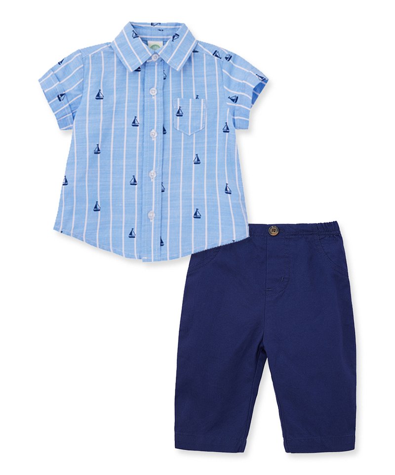 Little Me Light Blue Sailboat Stripe Short-Sleeve Button-Up & Navy Pants