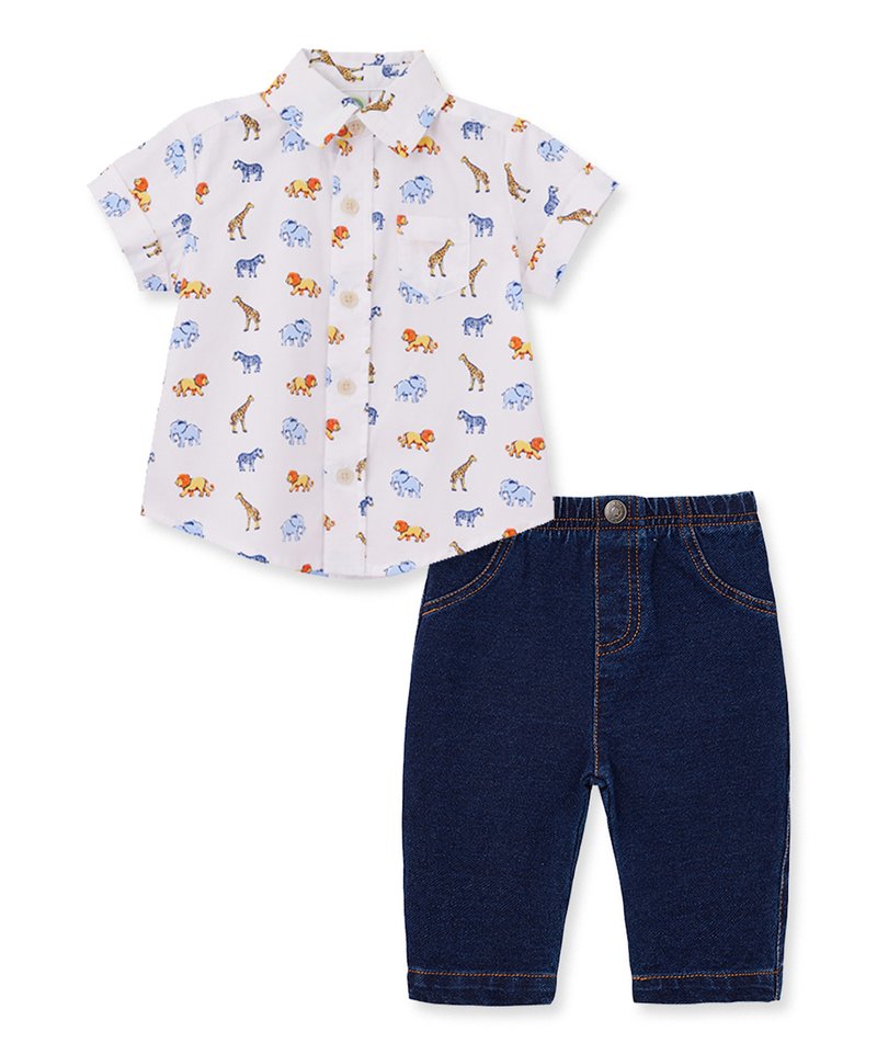 Little Me White Safari Short-Sleeve Button-Up & Navy Jeans