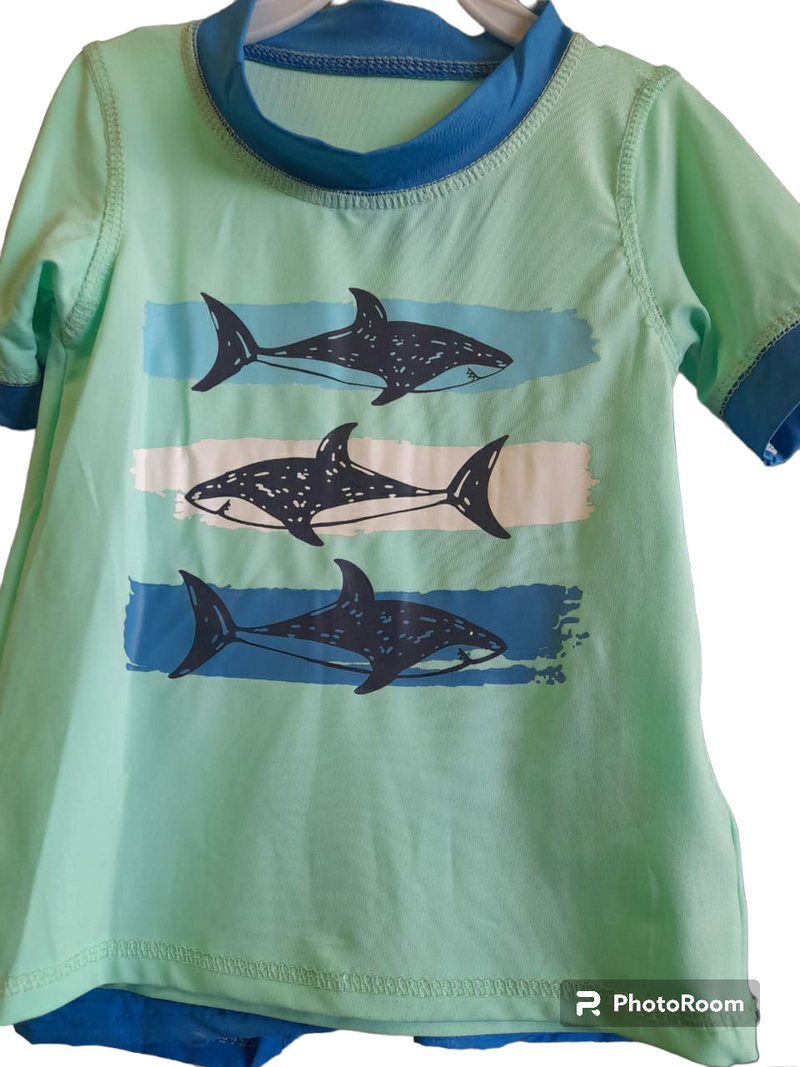 Sweet & Soft Boys Swim Set with Short Sleeve Rash Guard Striped Fish