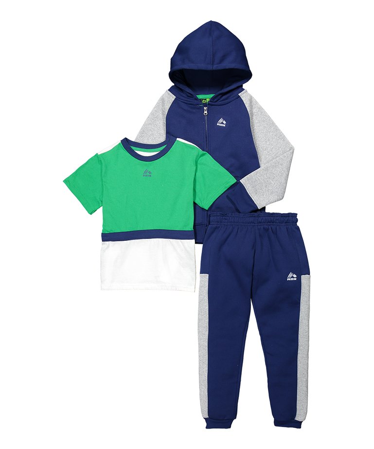 RBX Green Color Block Tee & Fast Blue Fleece Hoodie Set