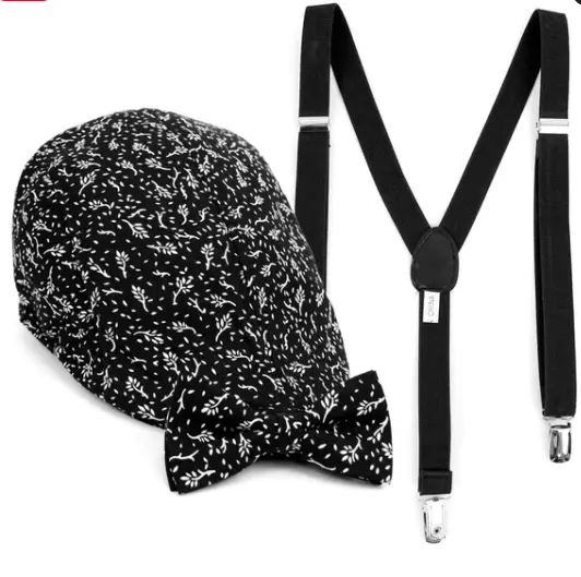 Boy's Black Clip-on Suspender, Botanical Pattern Ivy Hat & Matching Bow Tie Set TUDiki