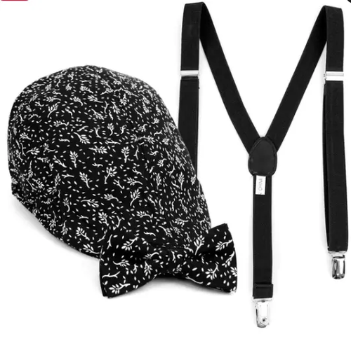 Boy's Black Clip-on Suspender, Botanical Pattern Ivy Hat & Matching Bow Tie Set TUDiki