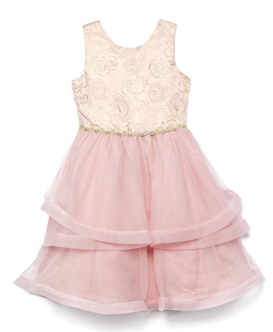 Nanette Pink Rose Metallic Brocade Cascade-Skirt Sleeveless Dress