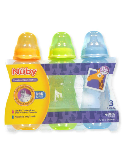 Nuby 3-Pack Non-Drip Standard Neck Bottles, 10 Ounce,
