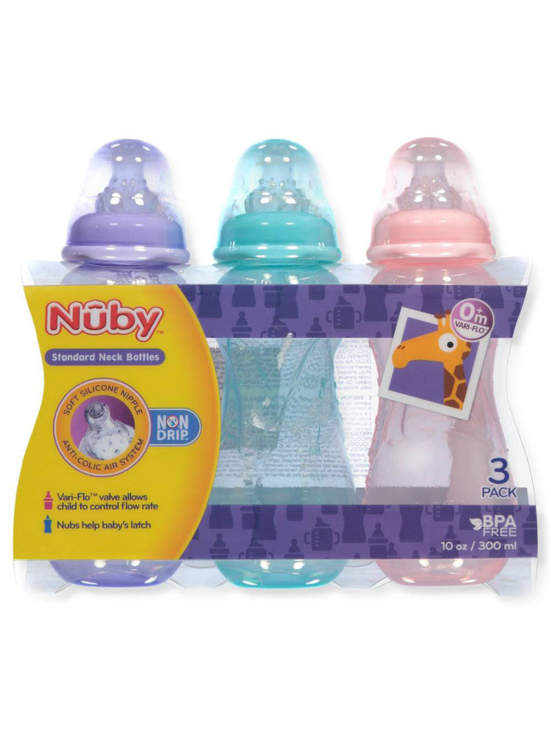 Nuby 3-Pack Non-Drip Standard Neck Bottles, 10 Ounce,